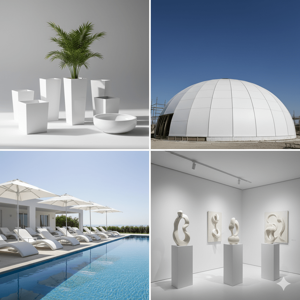 Antalya Döşemealtı ve Konyaaltı şubelerimizde fiberglass saksı, mimari kubbe ve modern havuz başı şezlong imalatı.