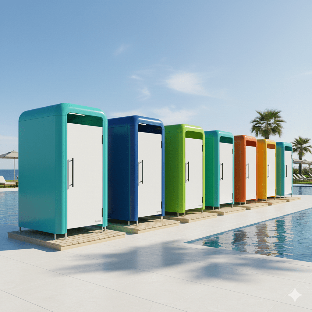Otel havuz kenarı için renkli modern polyester giyinme kabinleri ve modüler soyunma kabini modelleri