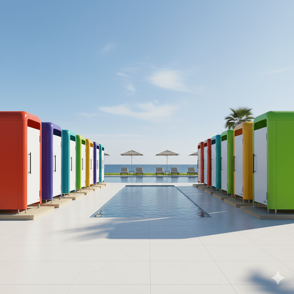 Otel havuz kenarı renkli modüler giyinme kabinleri ve polyester soyunma kabini projeleri