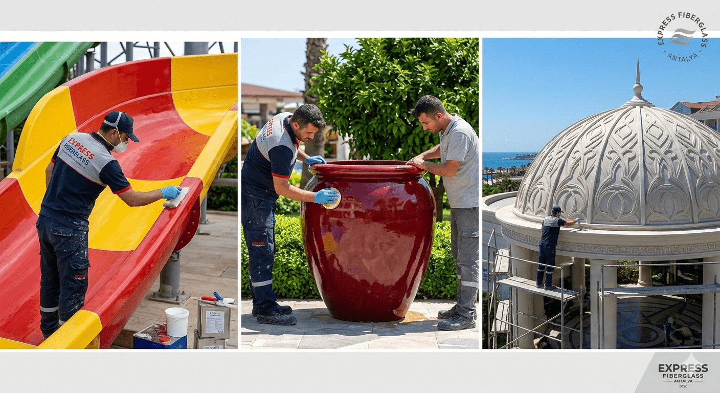 Antalya otel teknik servis kolajı su kaydırağı tamiri kubbe bakımı ve saksı onarımı