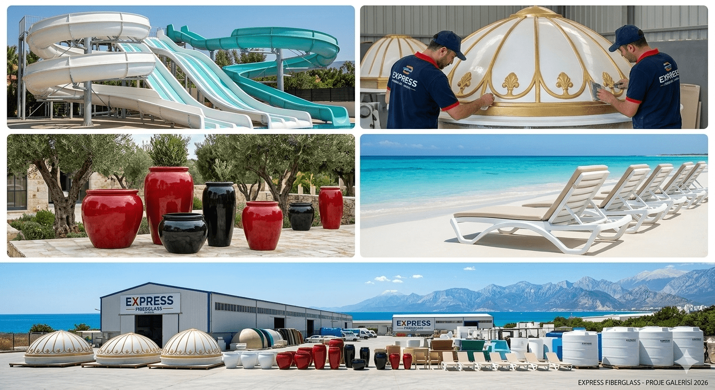 Antalya Express Fiberglass proje galerisi polyester kubbe saksı şezlong ve su deposu imalat uygulamaları 2026