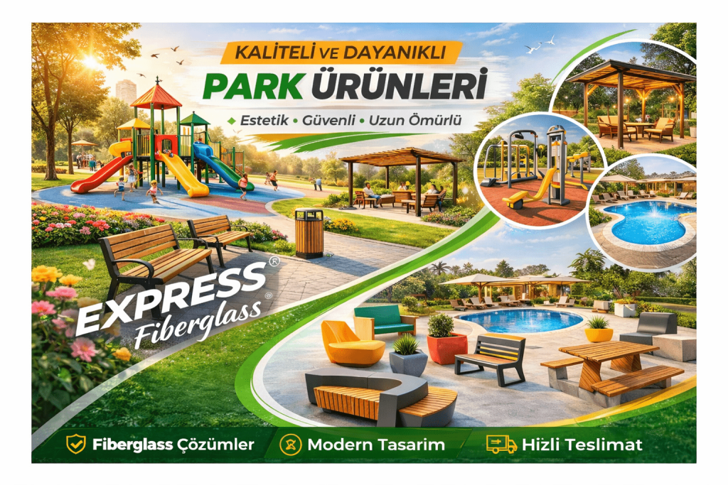 Express Fiberglass polyester park ürünleri, fiber çocuk oyun grupları ve dekoratif kent mobilyaları genel koleksiyonu kolajı