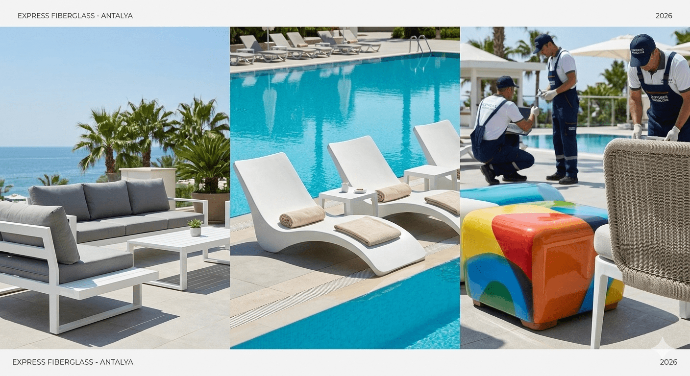 Antalya otel ve plaj projeleri için lüks polyester oturma grubu ve fiberglass şezlong modelleri 2026