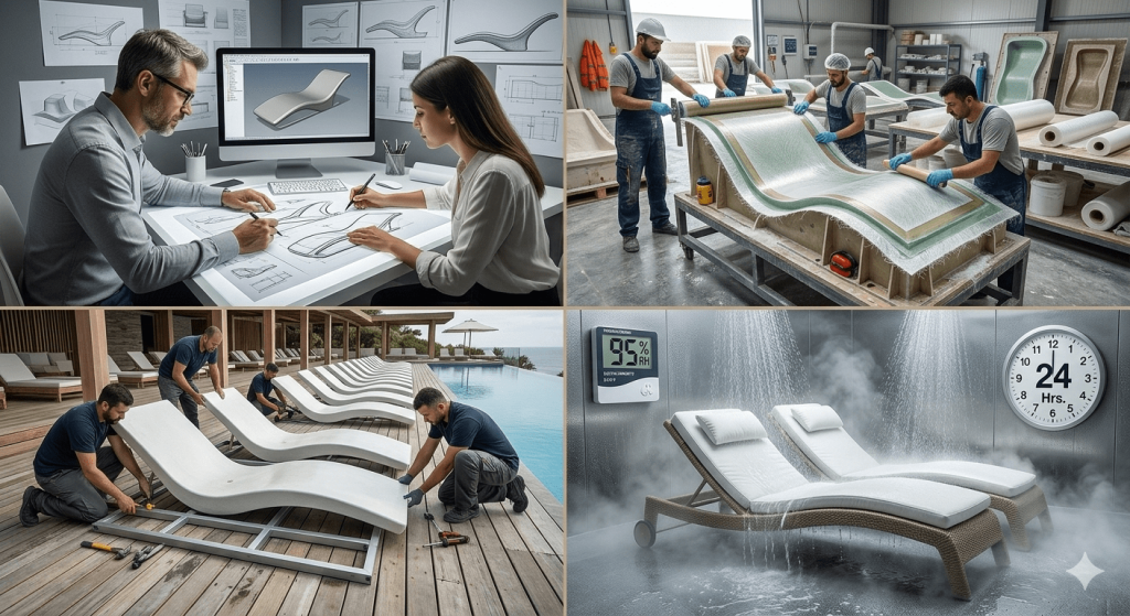 Antalya fiberglass şezlong imalatı ve oteller için polyester şezlong üretim aşaması