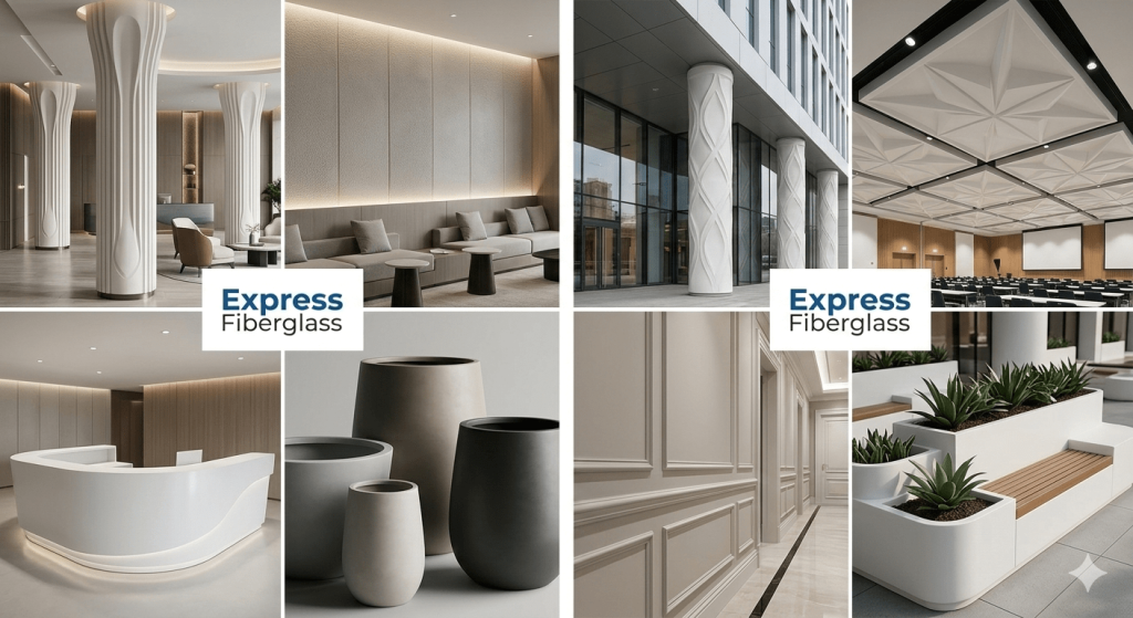 Modern iç mekan dekorasyonu için özel tasarım fiberglass objeler ve mimari çözümler - Express Fiberglass