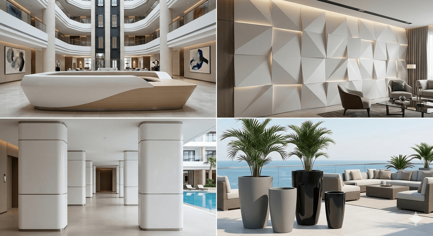 Express Fiberglass modern otel resepsiyon bankosu, 3D duvar paneli ve dekoratif büyük saksı modelleri