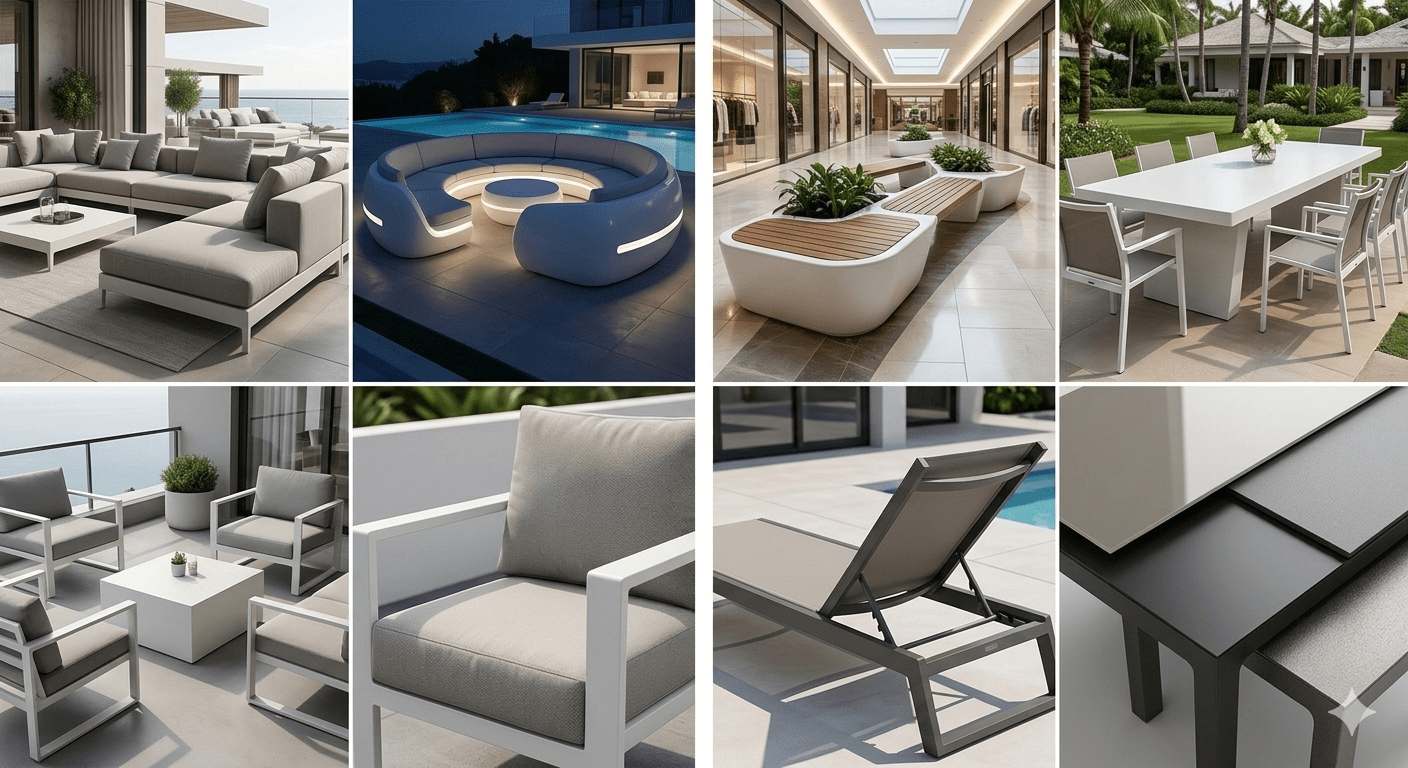 Express Fiberglass polyester oturma grubu, modern bahçe mobilyaları ve fiber şezlong modelleri