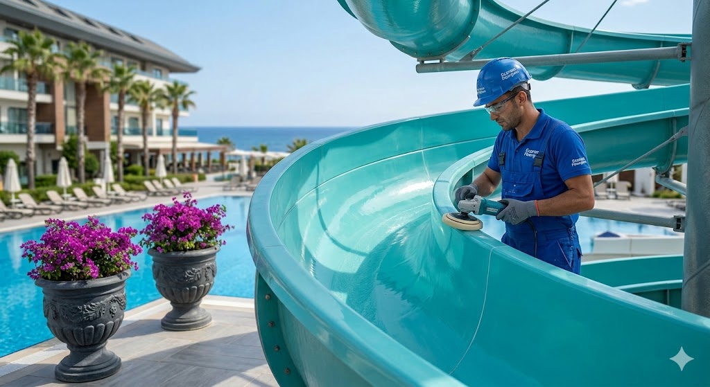 Antalya aquapark kaydırak revizyonu öncesi ve sonrası Express Fiberglass kalitesiyle pasta polisaj jelkod yenileme işlemi.