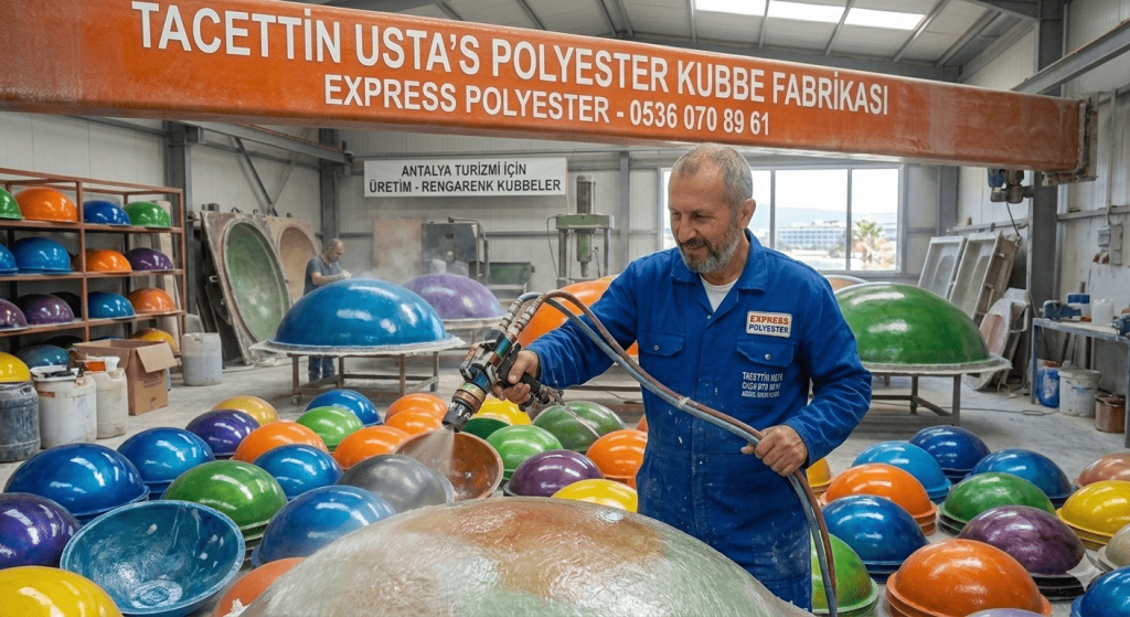 Express Fiberglass Antalya fabrikasında polyester kubbe imalatı ve cam elyafı takviyeli katmanlama süreci