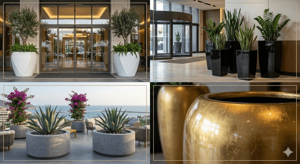 Otel projeleri için özel üretim lüks fiber saksı modelleri ve kurumsal dekoratif çözümler