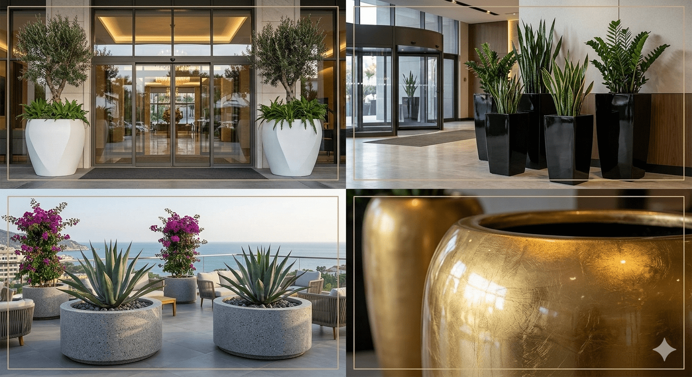 Otel projeleri için özel üretim lüks fiber saksı modelleri ve kurumsal dekoratif çözümler