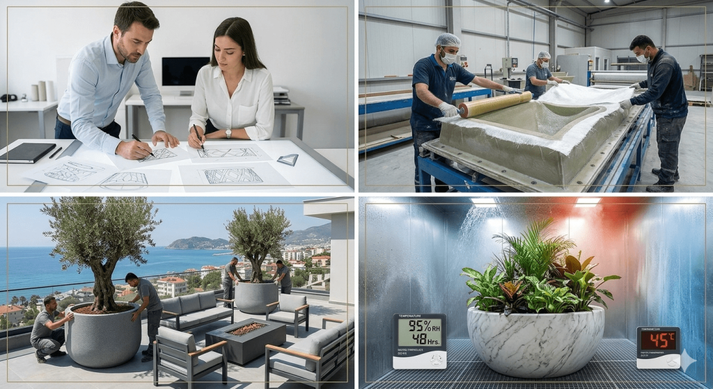 Peyzaj mimarisi için büyük boy polyester saksı üretimi ve dekoratif bahçe saksıları Antalya