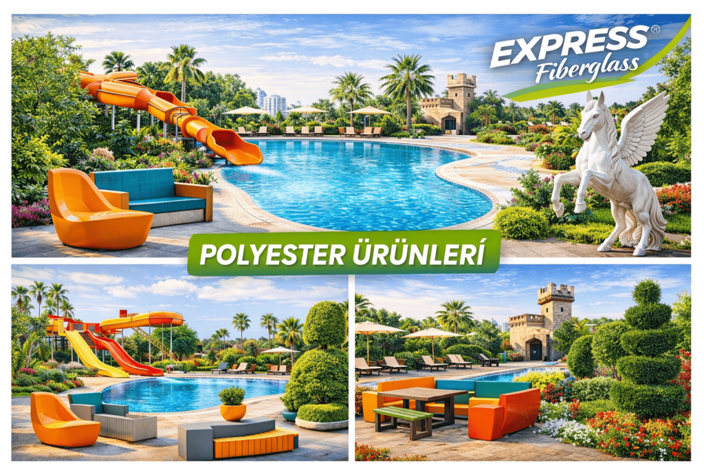 Express Fiberglass özel üretim polyester oturma grubu modelleri, dış mekan fiber mobilya tasarımları ve renk seçenekleri kolajı.